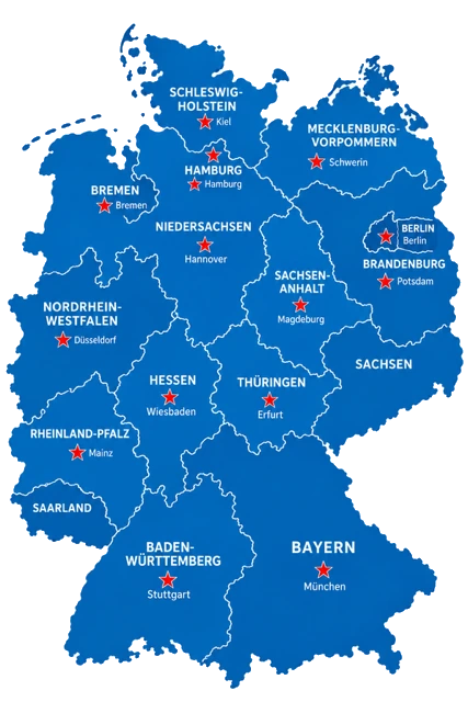 Deutschlandkarte zur Darstellung der bundesweiten Standorte und des flächendeckenden Sicherheitsdienstes der Eichinger Sicherheit und Service GmbH